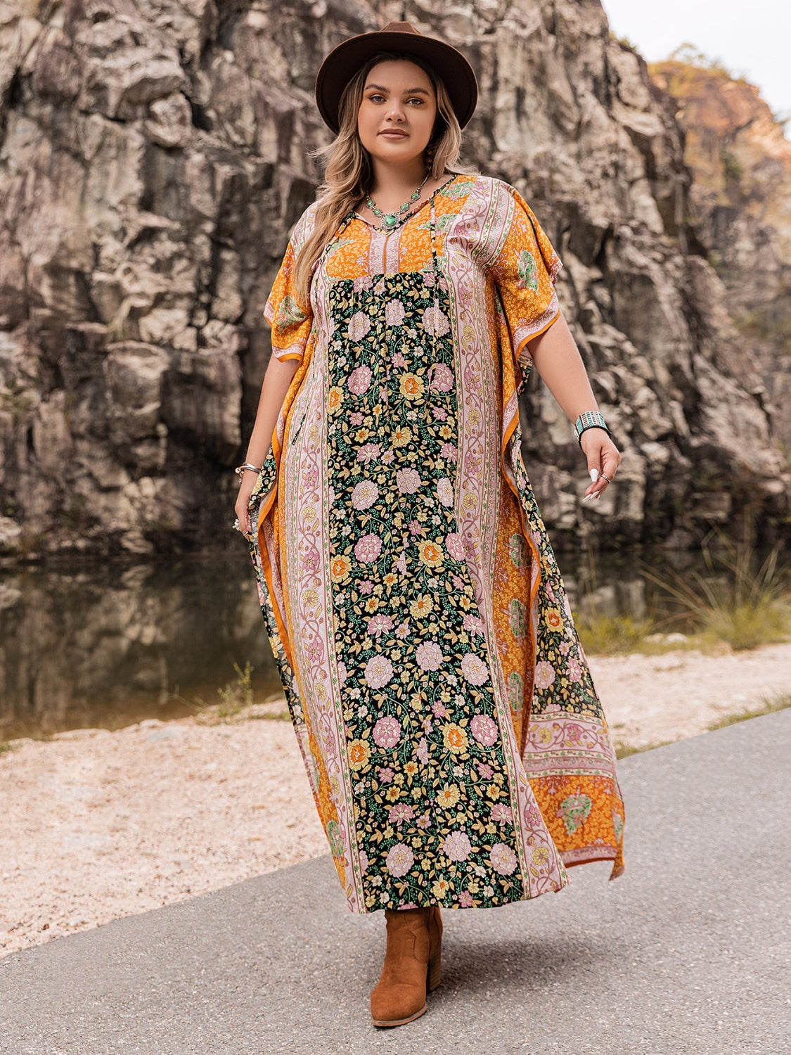 Plus Size Tie Neck Maxi Dress-Jewearrings