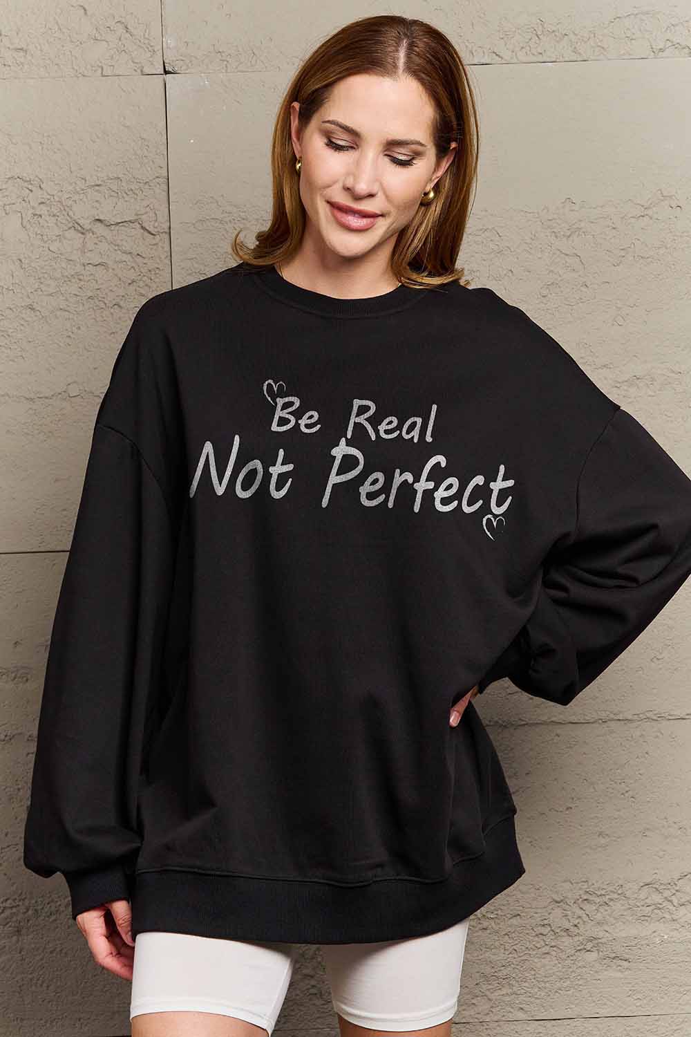 Simply Love Full Size BE REAL NOT PERFECT Graphic Sweatshirt-Jewearrings