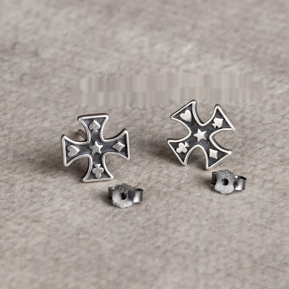 S925 Pure Retro Cross Poker Stud Earrings-Jewearrings