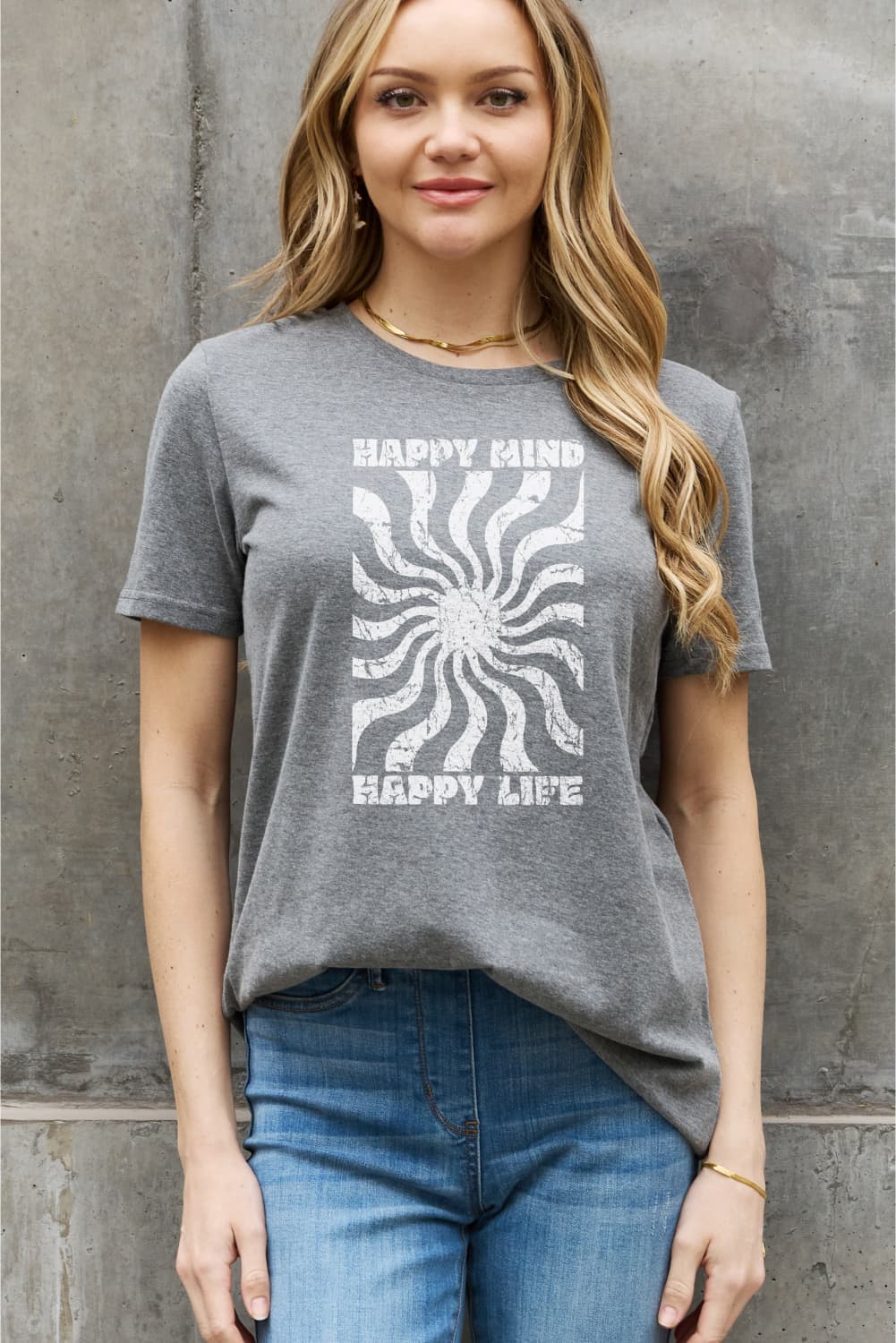 Simply Love Full Size HAPPY MIND HAPPY LIFE Graphic Cotton Tee-Jewearrings