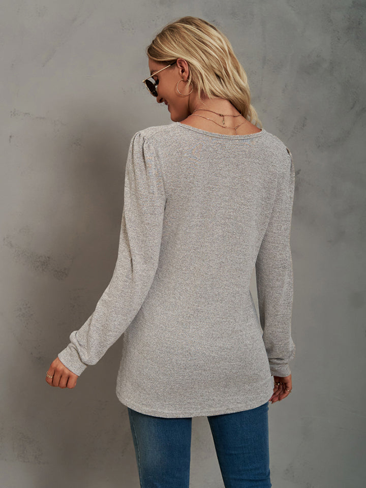 Heathered Square Neck Long Sleeve T-Shirt-Jewearrings