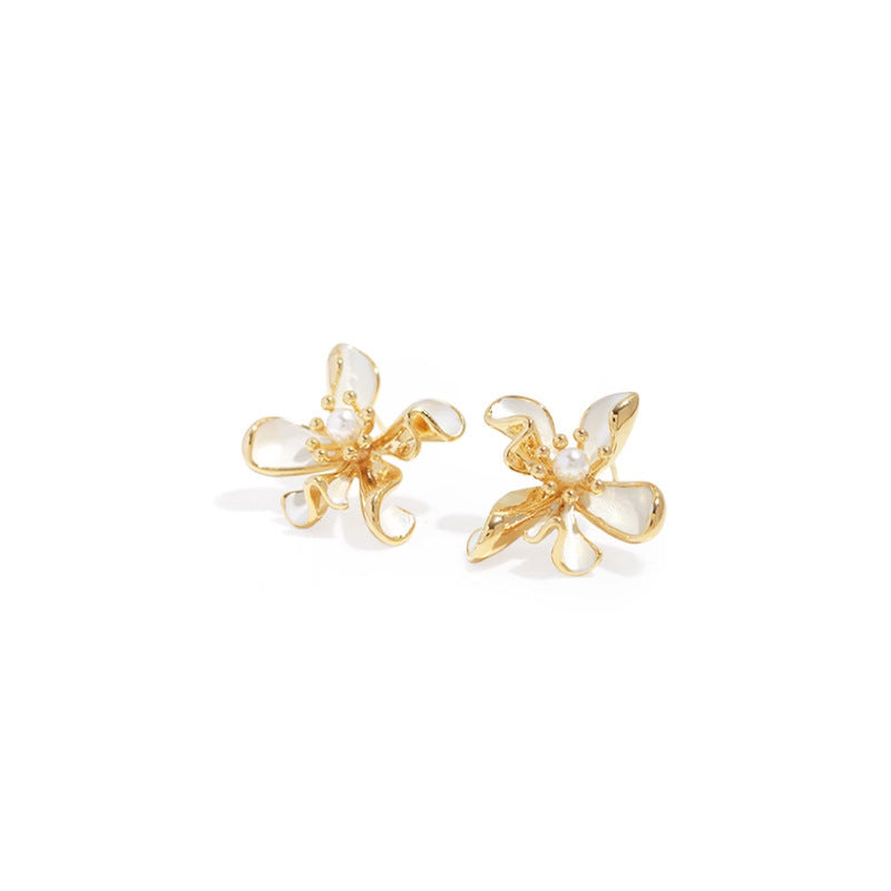 White Enamel Pearl Stud Earrings-Jewearrings