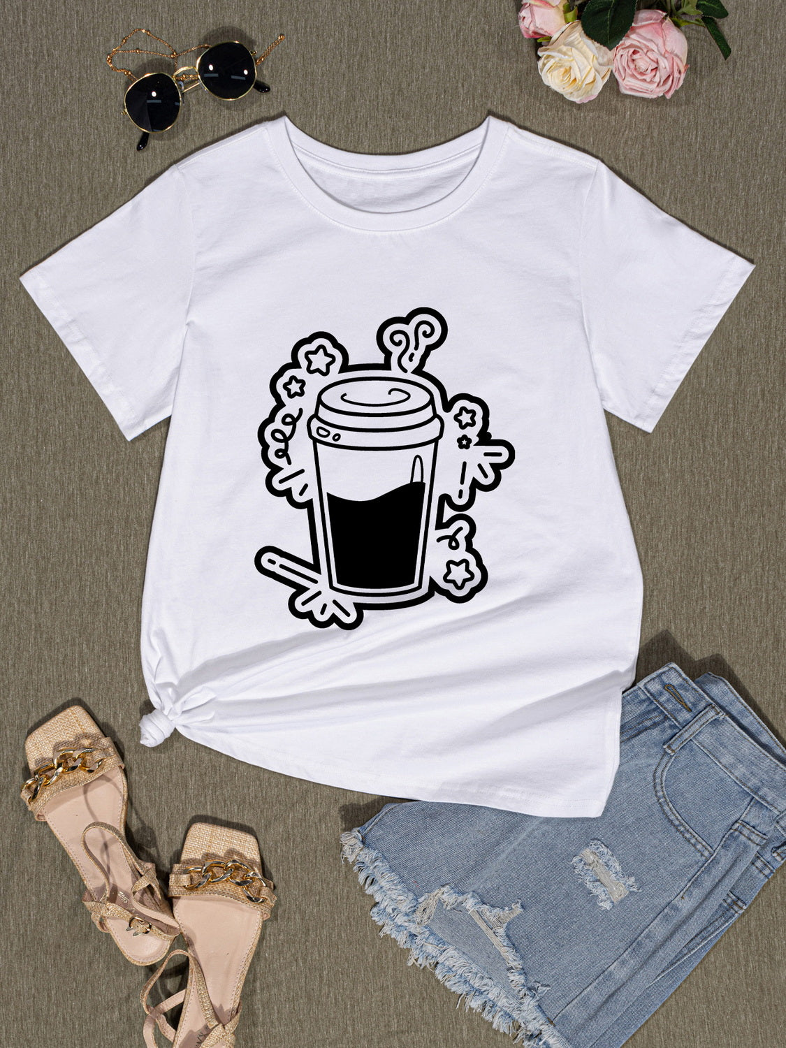 Coffee Round Neck Short Sleeve T-Shirt-Jewearrings