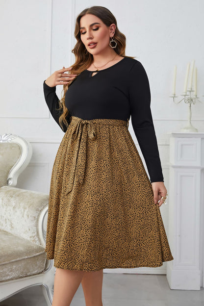 Melo Apparel Plus Size Leopard Long Sleeve Round Neck Dress-Jewearrings