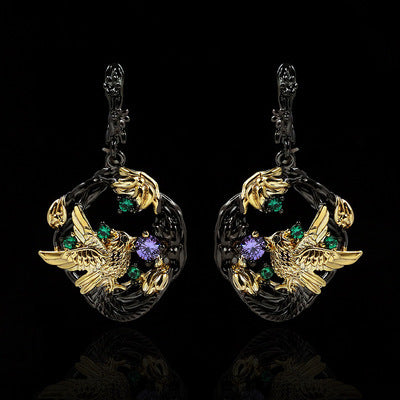 Magpie Black Gold Stud Earrings With Colored Stones And Diamonds-Jewearrings