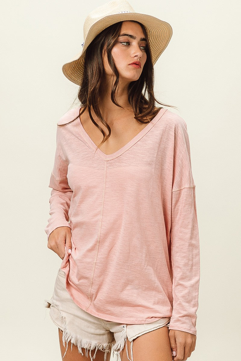 BiBi Exposed Seam V-Neck Long Sleeve T-Shirt-Jewearrings