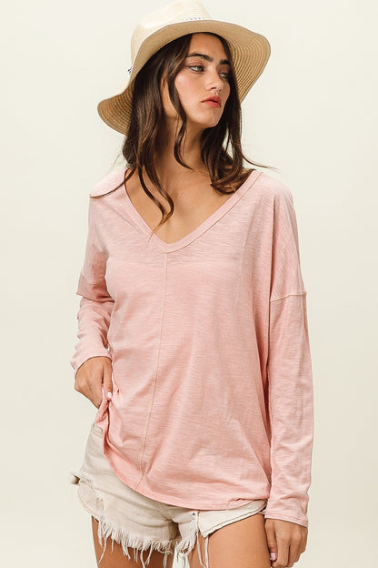 BiBi Exposed Seam V-Neck Long Sleeve T-Shirt-Jewearrings