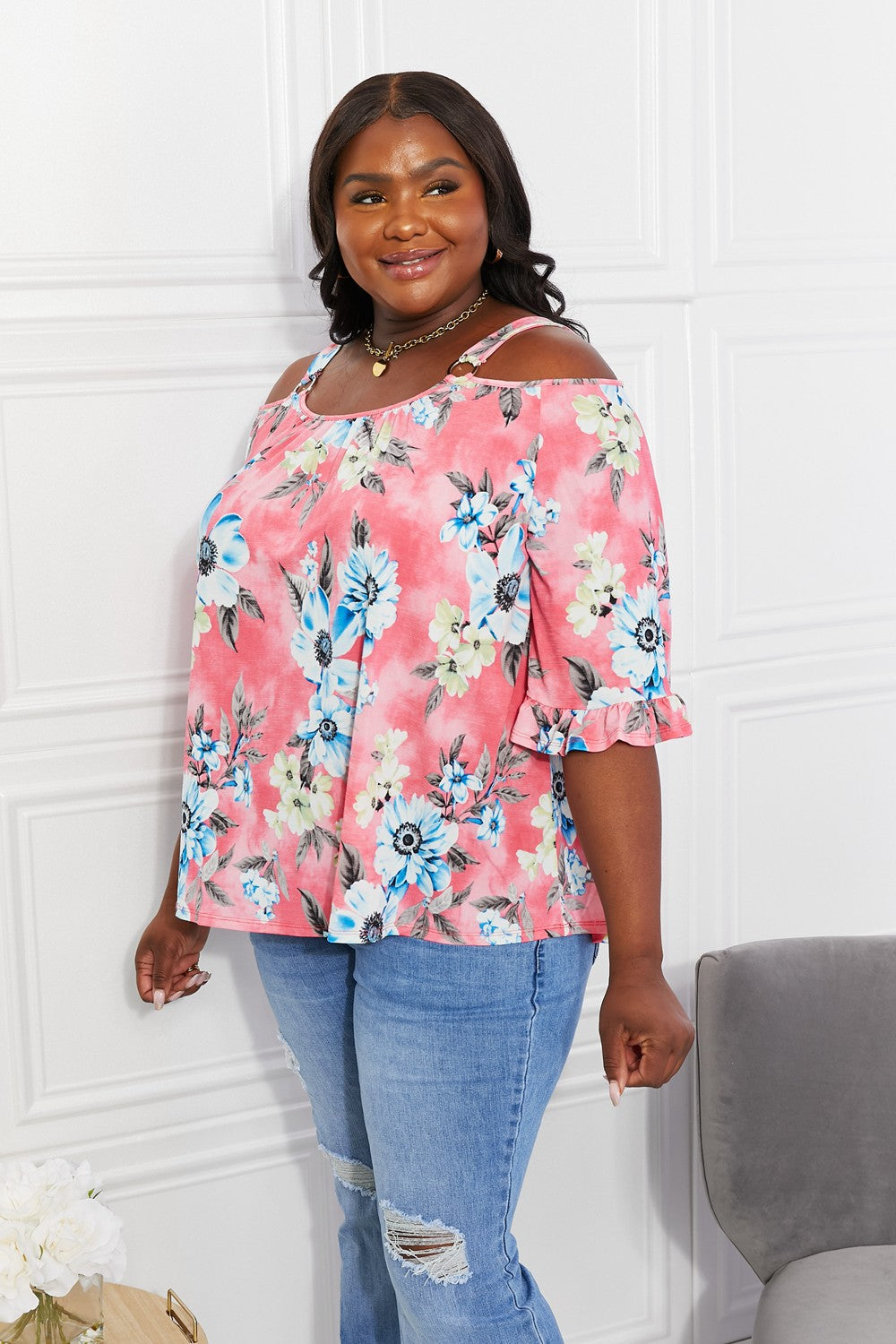 Sew In Love Full Size Fresh Take Floral Cold-Shoulder Top-Jewearrings