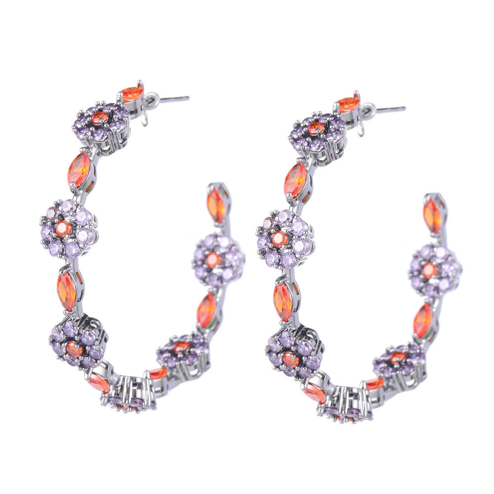 Silver Needle Gun Black Zircon Color Flower Hoop Earrings-Jewearrings