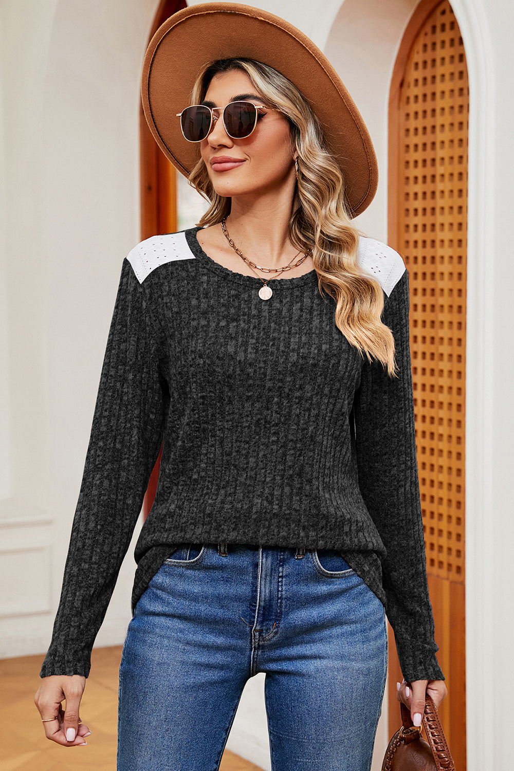 Eyelet Ribbed Round Neck Long Sleeve T-Shirt-Jewearrings