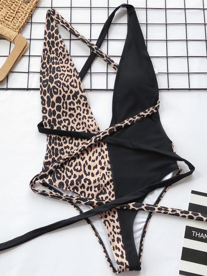 Tied Leopard Plunge One-Piece Swimwear-Jewearrings