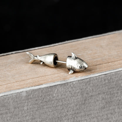 S925 Sterling Silver Shark Stud Earrings Retro Ornament-Jewearrings