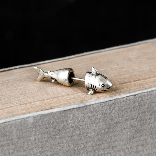 S925 Sterling Silver Shark Stud Earrings Retro Ornament-Jewearrings