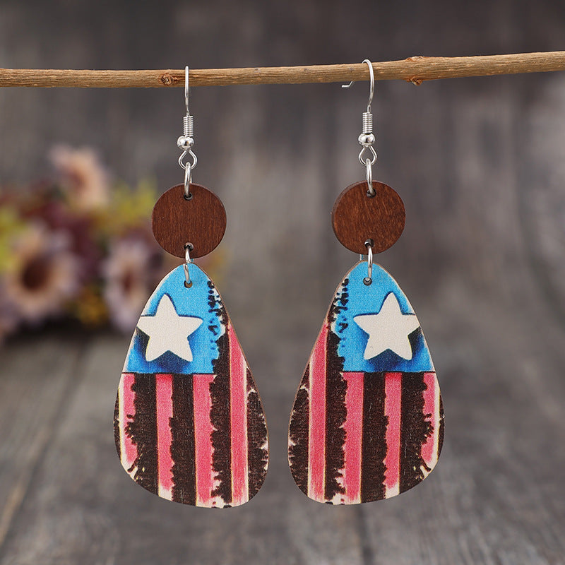 Star & Stripes Wooden Dangle Earrings-Jewearrings