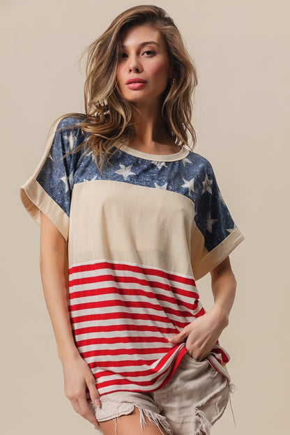 BiBi American Flag Theme Short Sleeve T-Shirt-Jewearrings