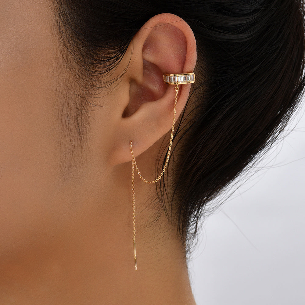 Ear Bone Clip Ear Line Integrated Long Tassel Earrings Micro Inlaid With Zircon C-type Half Round Earrings Ear Clip Accessories-Jewearrings