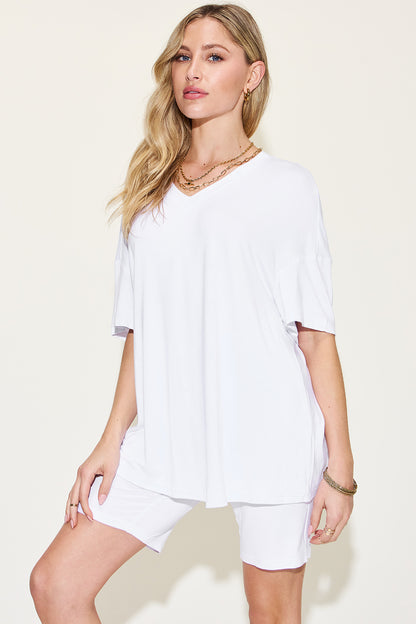 Basic Bae Full Size V-Neck Drop Shoulder T-Shirt and Shorts Set-Jewearrings