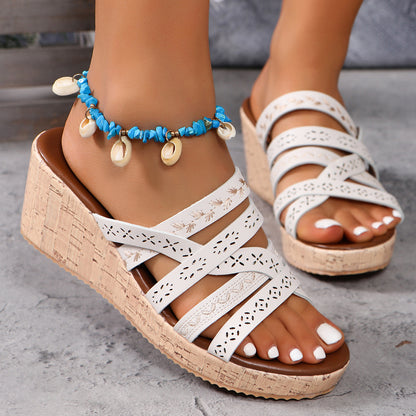 PU Leather Crisscross Wedge Sandals-Jewearrings