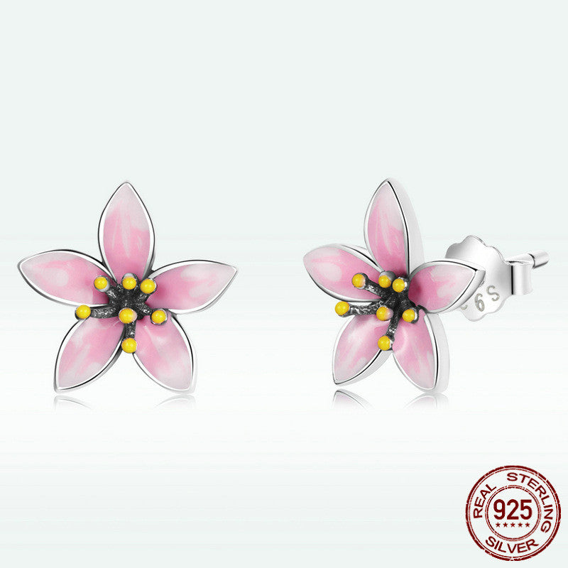 Fashion Cherry Blossom Sterling Silver S925 Stud Earrings Women's Oil Drops Flowers-Jewearrings