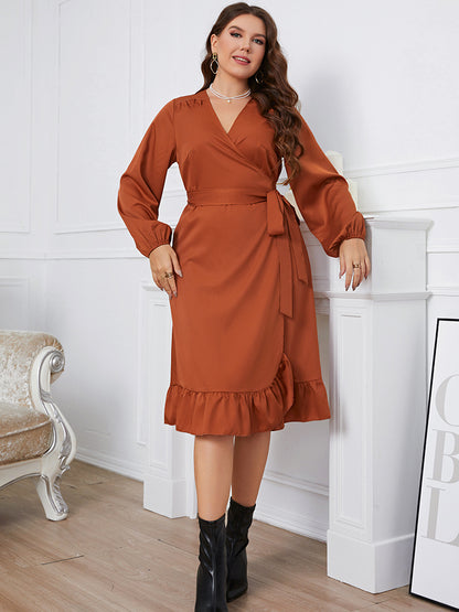 Plus Size Surplice Neck Tie Waist Dress-Jewearrings