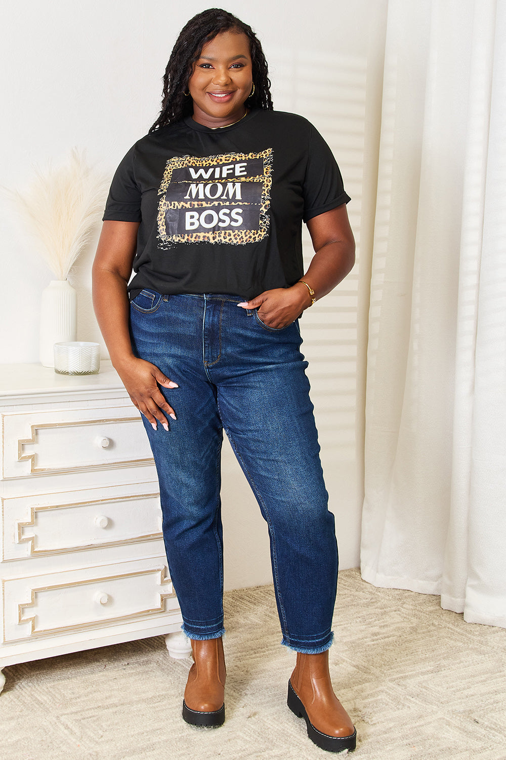 Simply Love WIFE MOM BOSS Leopard Graphic T-Shirt-Jewearrings