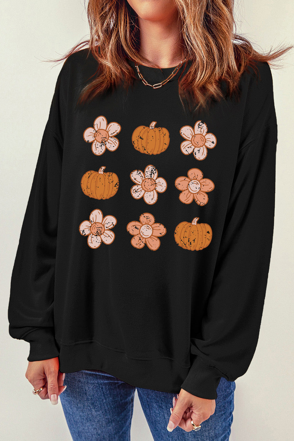 Simply Love Round Neck Long Sleeve Pumpkin & Flower Graphic Sweatshirt-Jewearrings