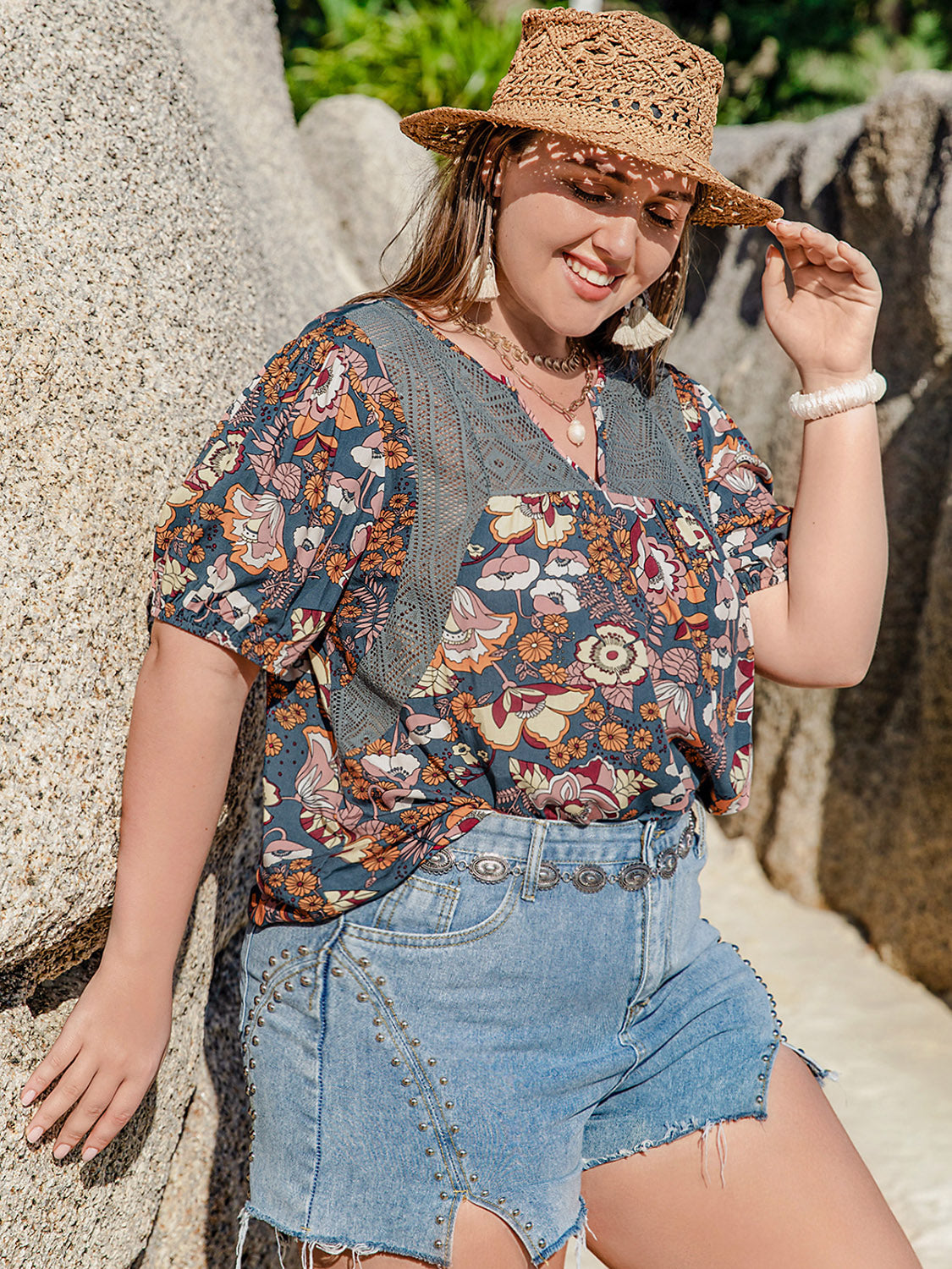 Plus Size Printed Notched Half Sleeve Blouse-Jewearrings