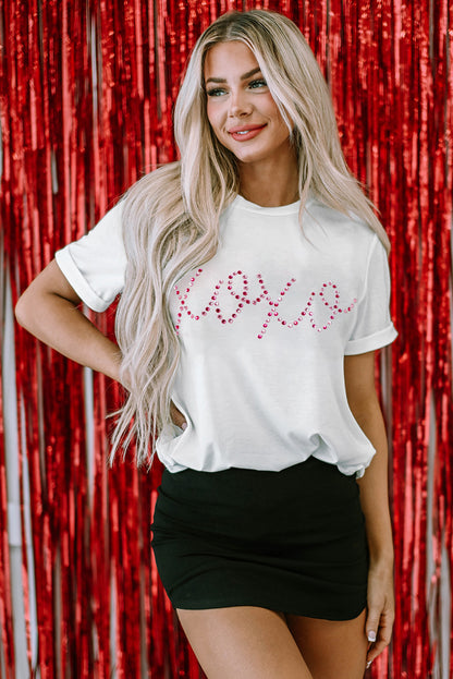 XOXO Rhinestone Round Neck Short Sleeve T-Shirt-Jewearrings