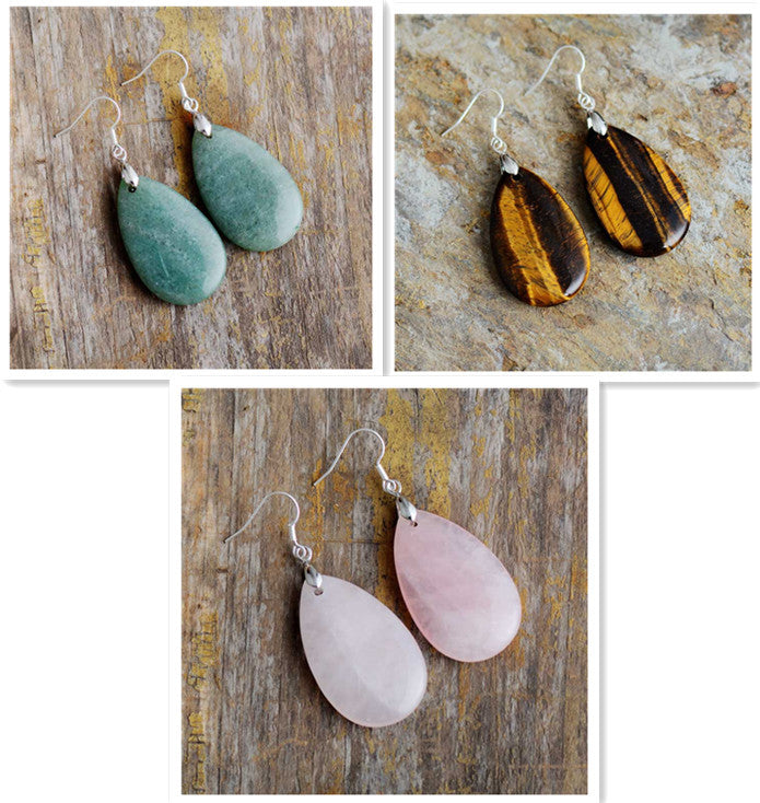 Aventurine Rose Quartz Tiger Eye Teardrop Dangle Earrings-Jewearrings