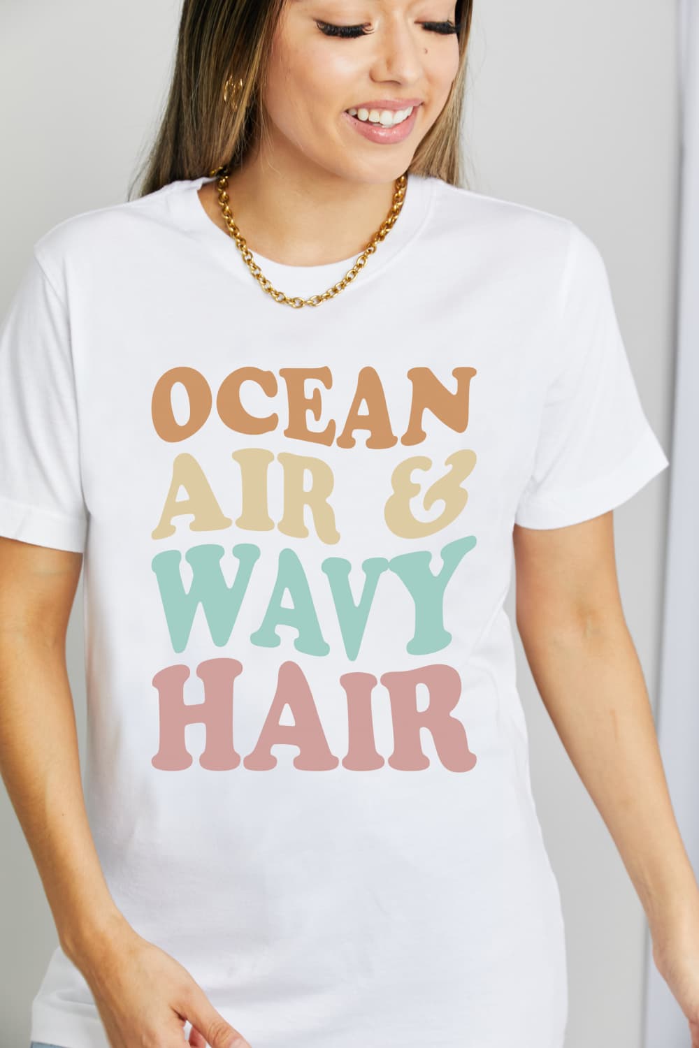 Simply Love Full Size OCEAN AIR & WAVY HAIR Graphic Cotton T-Shirt-Jewearrings