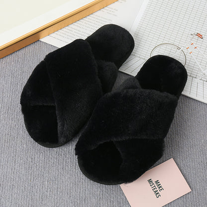 Faux Fur Crisscross Strap Slippers-Jewearrings