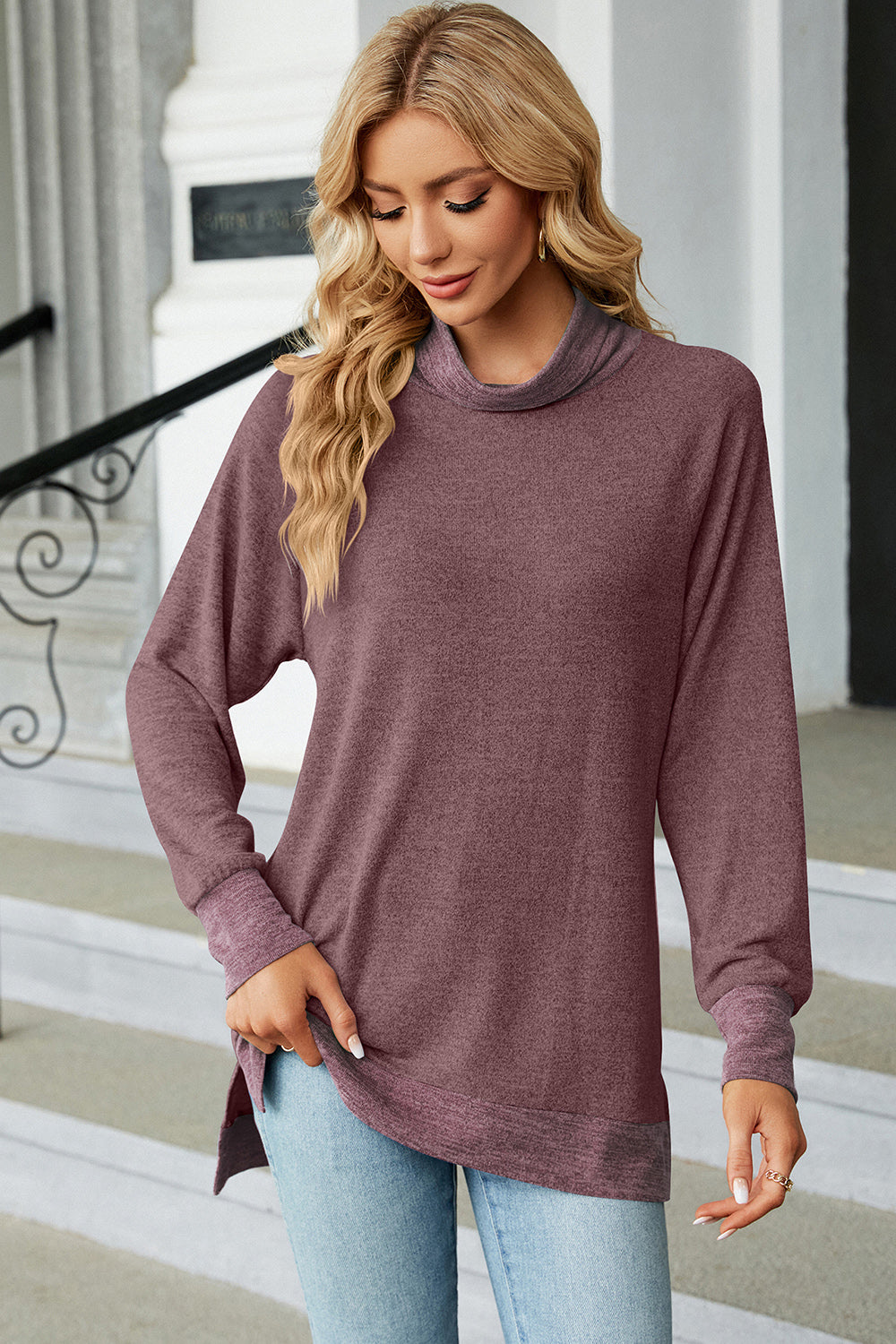 Slit Mock Neck Long Sleeve T-Shirt-Jewearrings