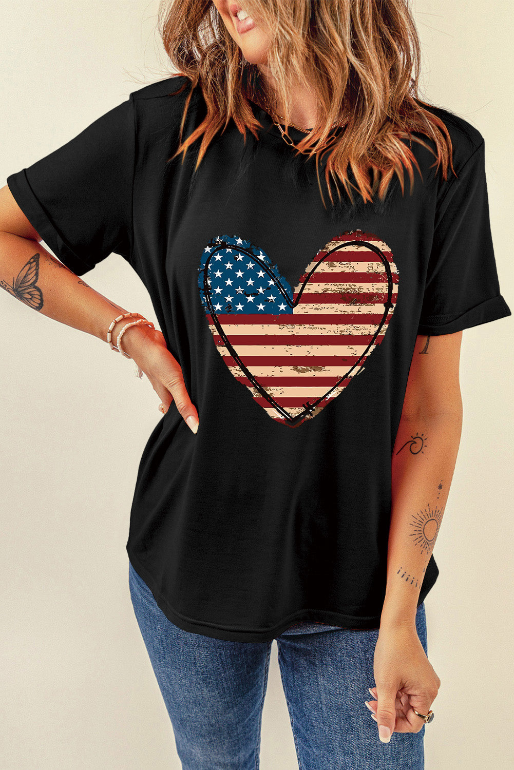 Stars and Stripes Heart Round Neck Short Sleeve T-Shirt-Jewearrings