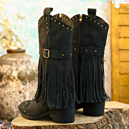 Studded Fringe Block Heel Boots-Jewearrings