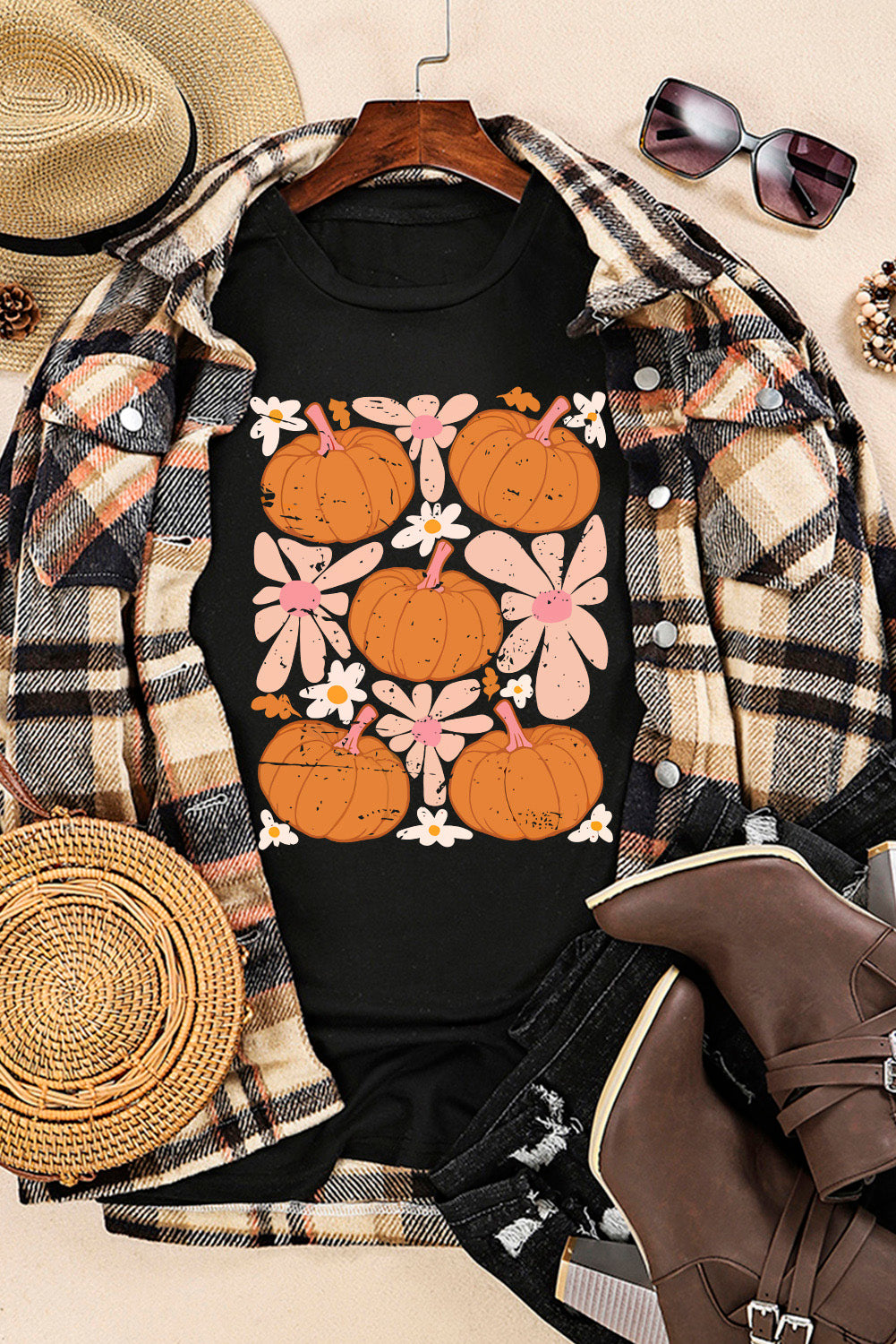 Round Neck Short Sleeve Pumpkin Graphic T-Shirt-Jewearrings