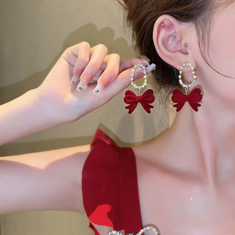 Burgundy Velvet Bow Earrings Niche Design-Jewearrings