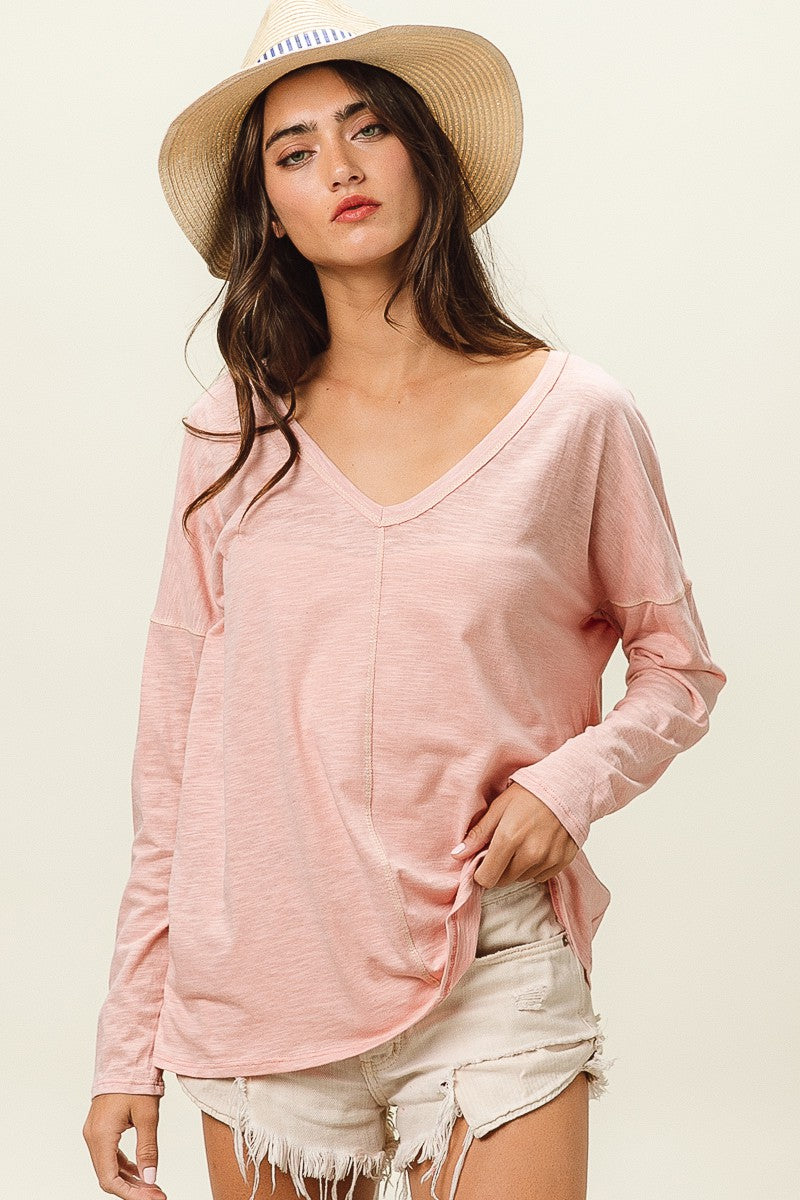 BiBi Exposed Seam V-Neck Long Sleeve T-Shirt-Jewearrings