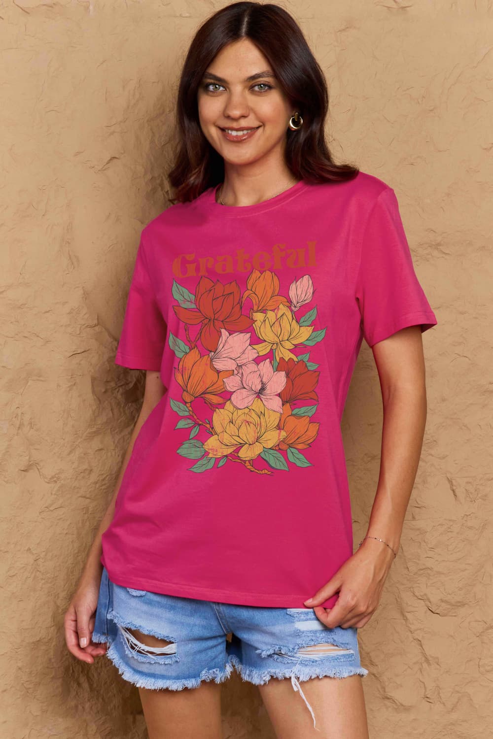 Simply Love Full Size GRATEFUL Flower Graphic Cotton T-Shirt-Jewearrings