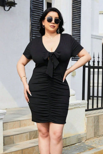 Plus Size Ruched Tied Short Sleeve Mini Dress-Jewearrings