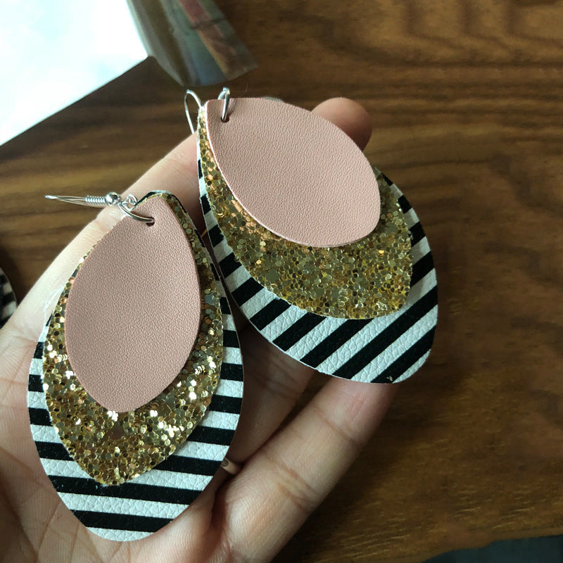 Striped Earrings Multilayer Christmas Petal Earrings Leather Drop Gold Earrings-Jewearrings