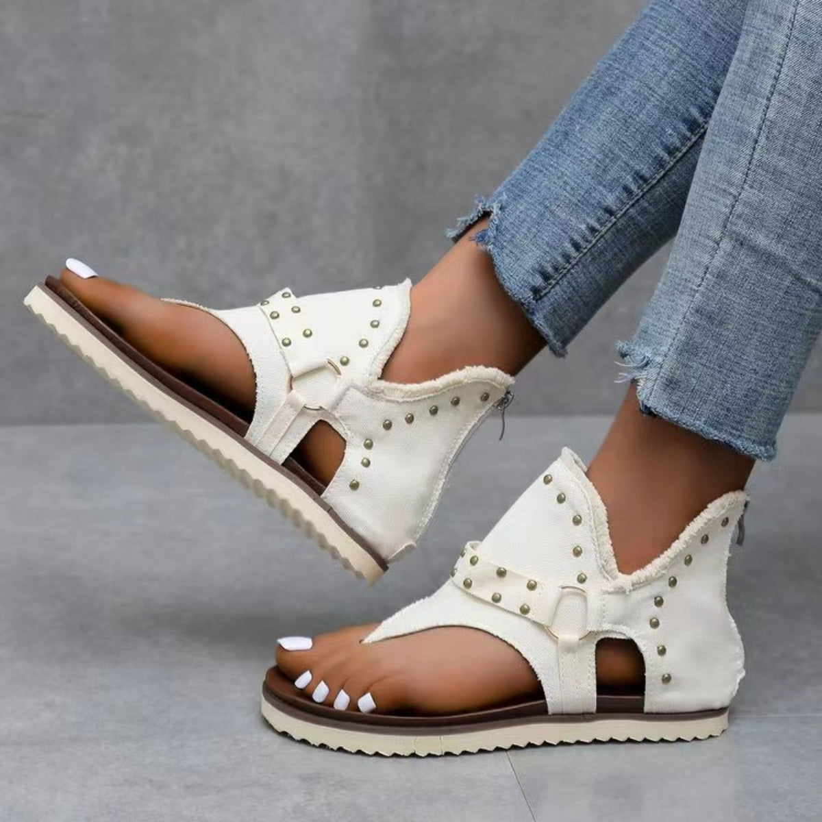 Studded Raw Hem Flat Sandals-Jewearrings