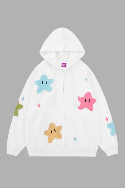 Star Drawstring Zip Up Dropped Shoulder Hoodie-Jewearrings