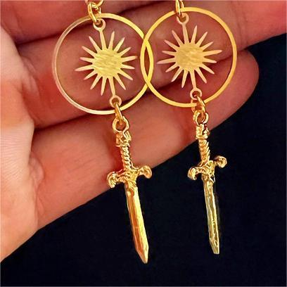 Gold Dagger Circle Sun Bohemian Earrings-Jewearrings