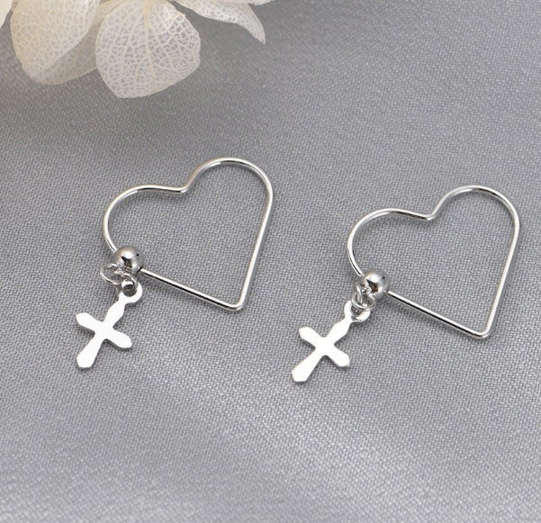 Cross earrings heart 925 pure sterling silver fashion trendy design simple wild earrings for women charms jewelry gift-Jewearrings