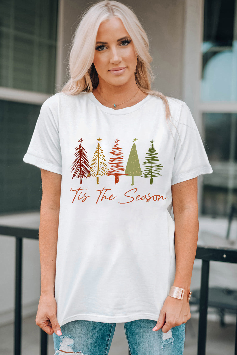 Christmas Tree Graphic Round Neck Short Sleeve T-Shirt-Jewearrings