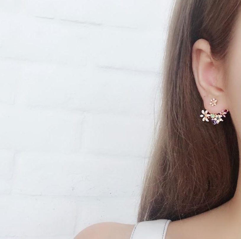 S925 silver needle Korea sweet flower earrings crystal color diamond earrings temperament personality after hanging fashion earrings B377-Jewearrings