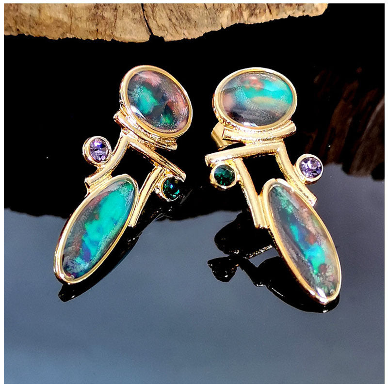 Vintage Gold Color Moonstone Opal Earrings Ladies Luxury Purple Green Crystal Personality-Jewearrings