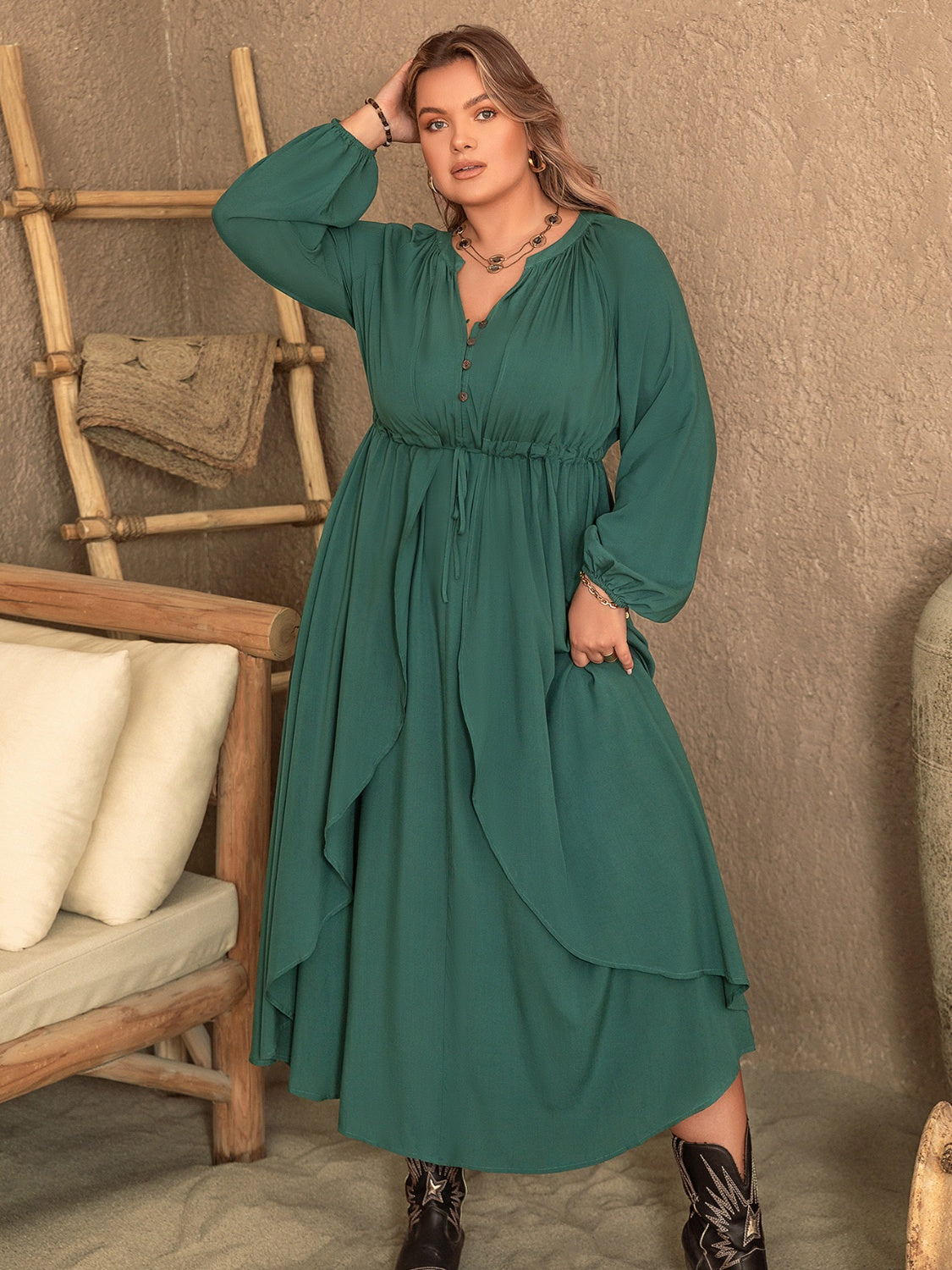 Plus Size Notched Layered Balloon Sleeve Midi Dress-Jewearrings