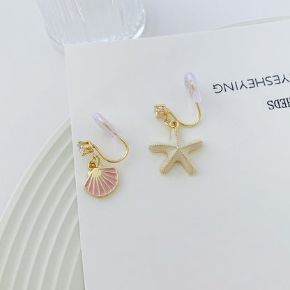 Asymmetric Shell Starfish Vintage Mosquito Coil Ear Clip Earrings-Jewearrings