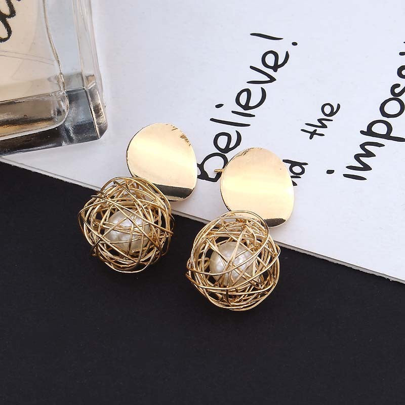 Vintage Geometric Earrings Simple Woven Ball Pearl Stud Earrings-Jewearrings